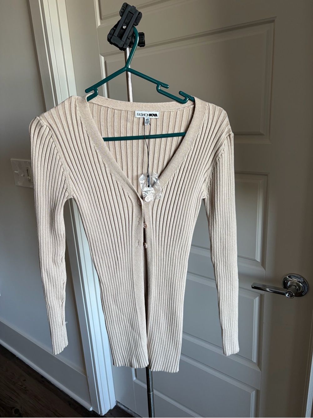 Fashion Nova Beige Ribbed V-Neck Button Front Sweater